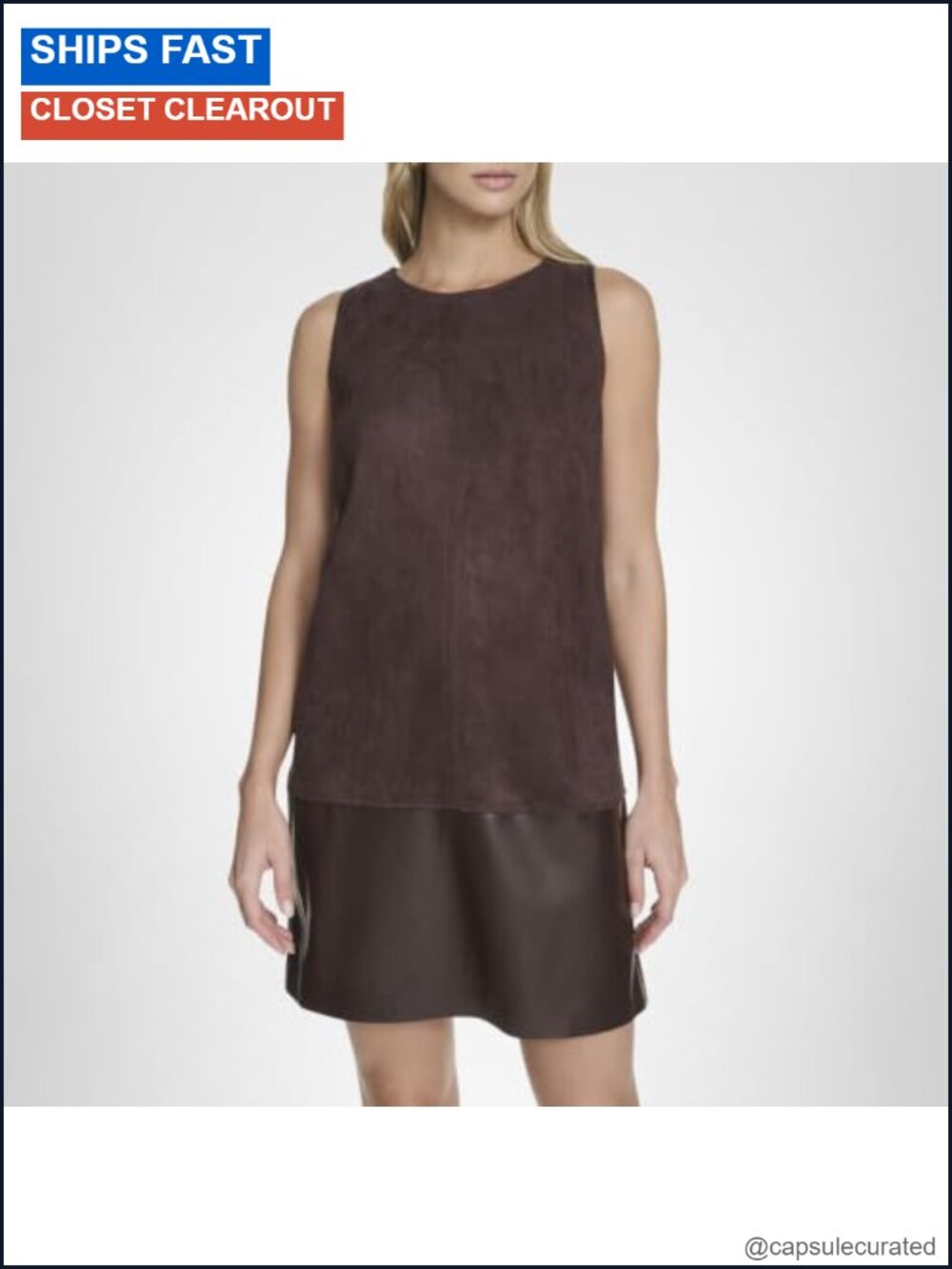 Calvin Klein Sleeveless High Neck Mixed Media Shift Mini Dress Zipper